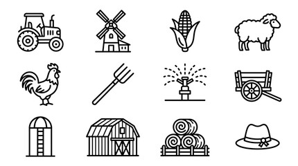 Farm Icons Set: Tractor, Mill, Corn, Sheep, Rooster, Pitchfork, Sprinkler, Cart, Silo, Barn, Hay, Hat © Anginbenjol