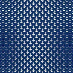 Classic nautical seamless anchor pattern with white anchors on a navy blue background. Marine-inspired design ideal for fabric, wallpaper, gift wrap and coastal decor. © MedReda