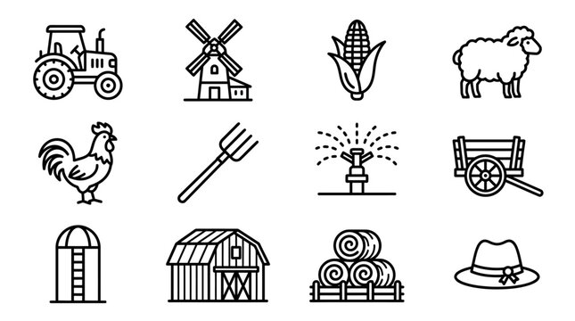 Farm Icons Set: Tractor, Mill, Corn, Sheep, Rooster, Pitchfork, Sprinkler, Cart, Silo, Barn, Hay, Hat