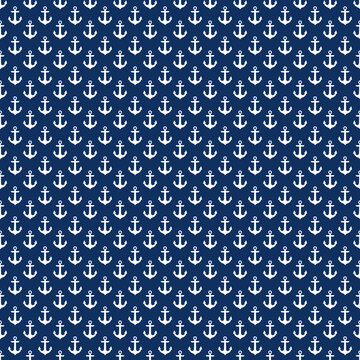 Classic nautical seamless anchor pattern with white anchors on a navy blue background. Marine-inspired design ideal for fabric, wallpaper, gift wrap and coastal decor.