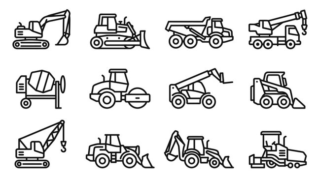 Construction Equipment Icons: Excavator, Bulldozer, Dump Truck, Crane, Mixer, Roller, Loader, Skid Steer