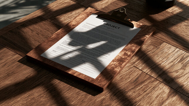 A wooden clipboard with a project document lies on a rustic wooden desk with dramatic shadows. Ideal for business planning and office concepts.