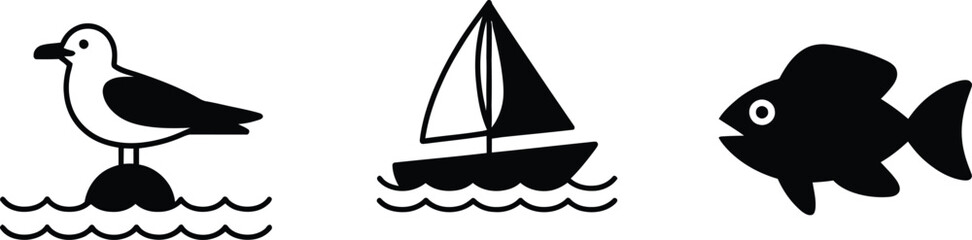 Nautical icon set featuring seagull on buoy sailboat and fish minimal black vector isolated on white background. © ASDF