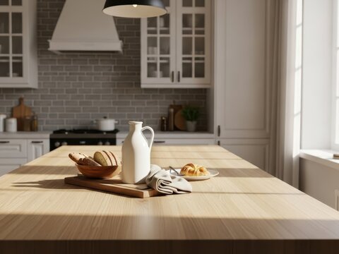 Kitchen island with bread and a pitcher