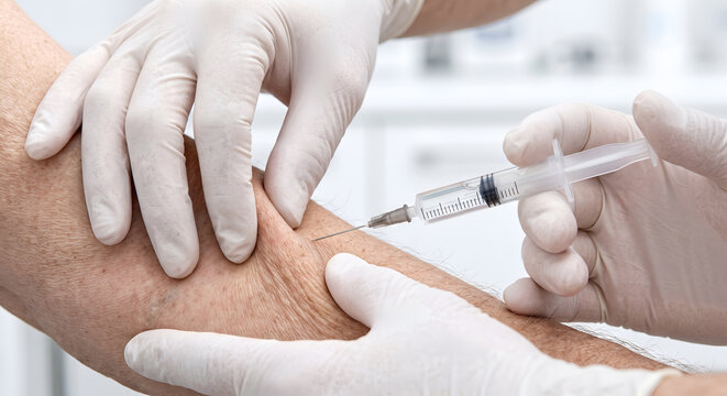 Medical professional administering an injection into patient's arm, close-up view.
