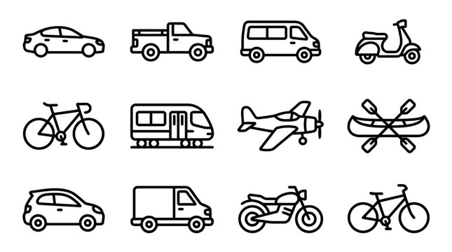 Diverse Transportation Icons: Car, Train, Plane, Bike, Scooter, Motorcycle, Van, Canoe