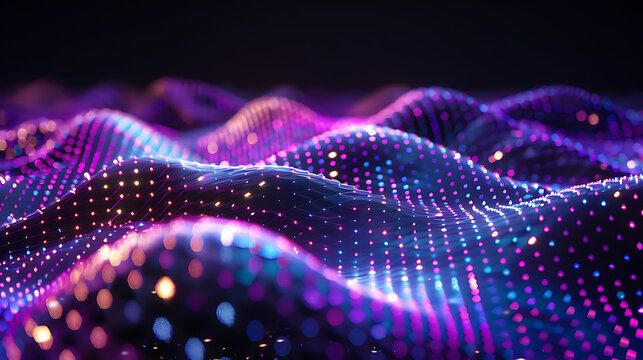 Multiple layers of neon undulating lines swirl in a rhythmic dance, creating depth and perspective like a futuristic landscape.
