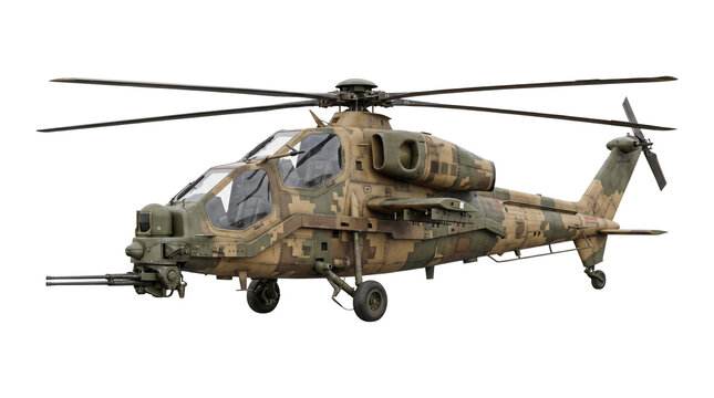 Military attack helicopter with digital camouflage pattern isolated on transparent background png format.