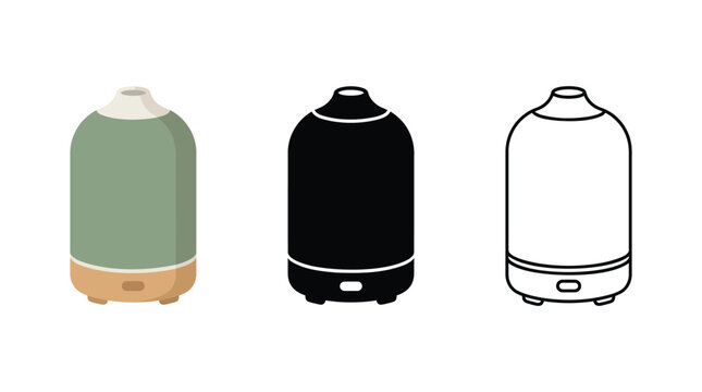 Electric aroma diffuser humidifier device icon set for wellness aromatherapy and home care.
