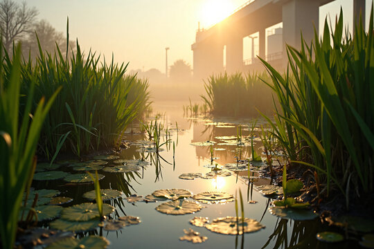 Sunrise over calm water with lotus leaves and tall green grass beside an industrial bridge in warm golden light and misty morning atmosphere
