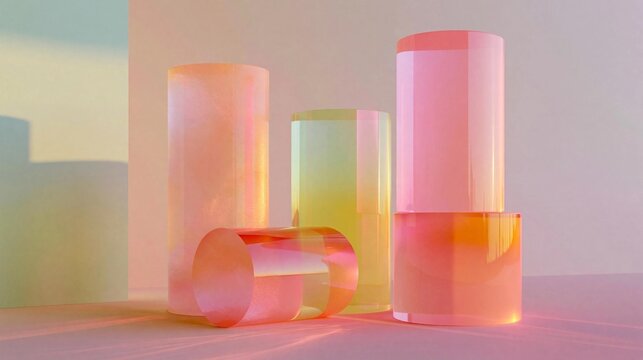 Group of three cylindrical objects on a pink and orange gradient background. the objects are arranged in a way that they are overlapping each other, creating a sense of depth and dimension.
