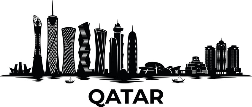 Black and white silhouette illustration of the doha qatar city skyline featuring iconic modern skyscrapers and buildings