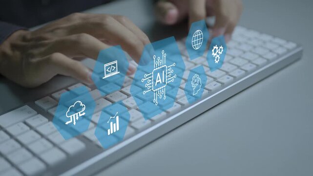 Digital transformation with artificial intelligence concept. Person typing keyboard with AI and digital innovation icons, business automation, smart technology and enterprise transformation.