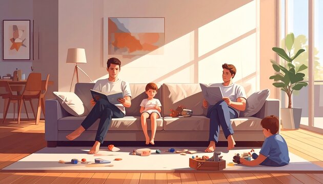 Family playing board game together in modern living room.