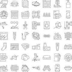 Fototapeta premium Collection of conceptual thin line icons illustrating various aspects of business, technology, everyday life, food, nature, and hobbies on a clean white background