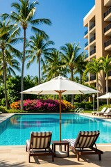 Obraz premium Luxurious resort pool area with palm trees. Lounge chairs and umbrellas await by blue water. Modern hotel building stands nearby. Sunny day paradise.
