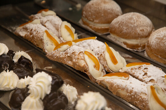 Sicilian Cannoli. Assortment of traditional Sicilian pastries with marzipan and candied fruit.