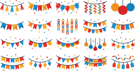 Colorful festive party decorations featuring banners streamers balloons and hanging ornaments on transparent background for celebration events © stock.imager