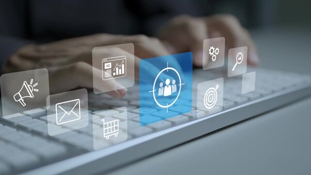 Marketing strategies and target customer groups concept. Person typing keyboard with customer segmentation and marketing analytics icons, audience targeting, campaign planning and business growth.
