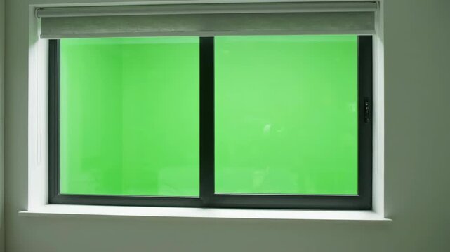 Modern interior window with motorized roller blind smoothly opening to reveal a bright green screen background for video compositing