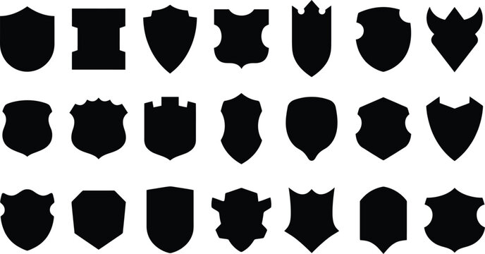 Collection of Various Heraldic Shield Shapes and Designs with Distinctive Edges and Crests for Graphic Use