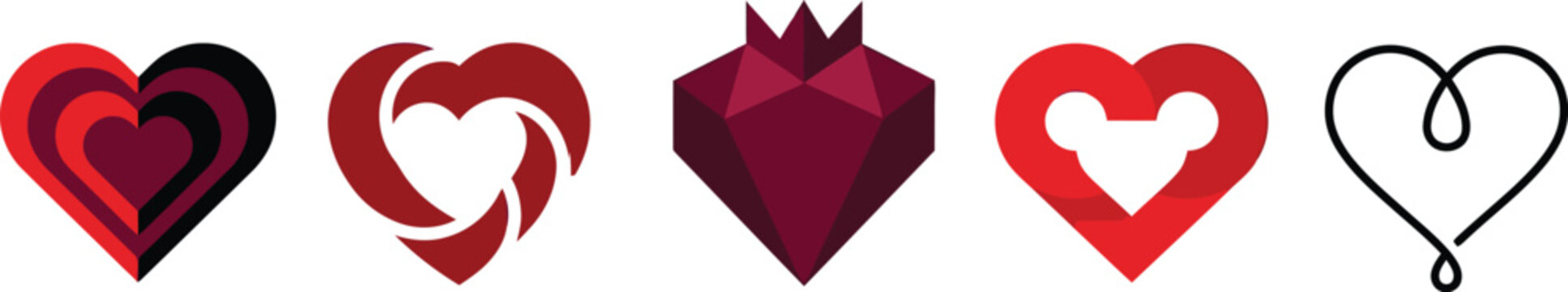 Collection of stylized heart icons featuring geometric and gradient designs with transparent backgrounds for digital use