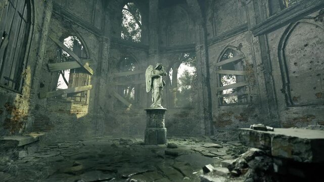 Lonely stone statue inside cathedral ruin, dust filled air, shafts of light, broken masonry, crumbled altar, solemn mood evoking history and reverence