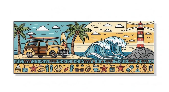 beach scene with car and lighthouse