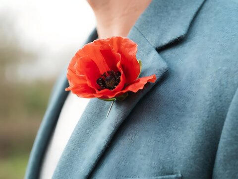Person Wearing Single Red Poppy Flower Lapel Pin On Suit Jacket