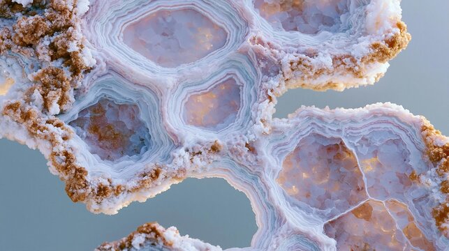 Close-up of a group of geodes, which appear to be a type of mineral. the geodes are arranged in a hexagonal pattern, with each geode having a different color and shape.
