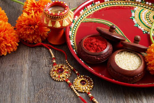 Raksha bandhan puja thali with rakhi, kumkum, rice