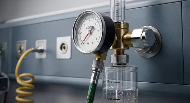 Oxygen flow meter with pressure gauge mounted on hospital wall for patient respiratory.