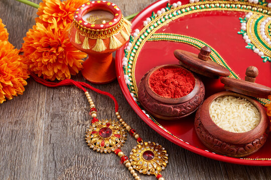 Rakhi festival thali with kumkum, rice, and decorated rakhi