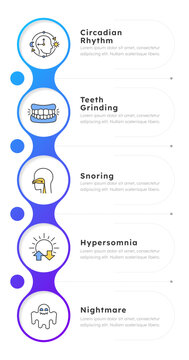 Problems with sleep health infographic 5 steps. Restorative sleep hygiene indicators. Nighttime recovery routines. Flow chart infochart template. Editable vector info graphics with icons