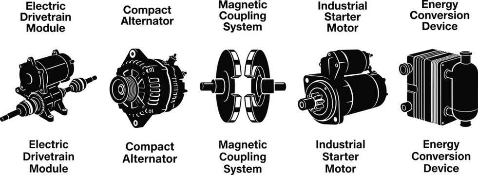 Professional solid black vector silhouette set of automotive electric drivetrains and power generation hardware