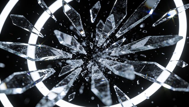 Broken glass shards radiating from shattered crystal in dramatic close-up with dark contrast
