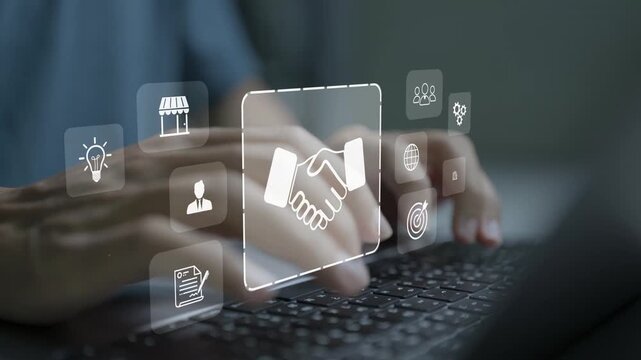 B2B strategy concept. Person using laptop with business partnership and analytics icons, business to business marketing, growth planning and strategic collaboration.