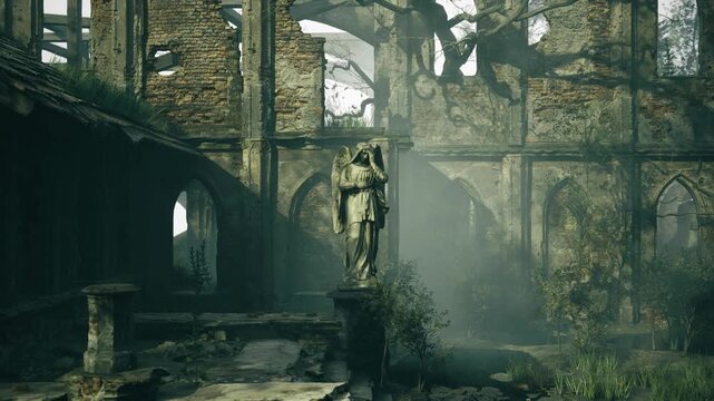 Broken statue in empty nave, shafts of pale light slice through ruined windows, aisle strewn with debris and creeping plants, scene conveys sacred abandonment