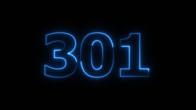 Glowing Blue Neon Number 301 on Black Background.