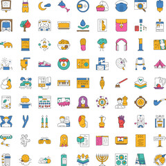 Fototapeta premium Diverse collection of colorful line art icons featuring various common objects, abstract concepts, professional tools, and everyday items, ideal for web, print, and application design