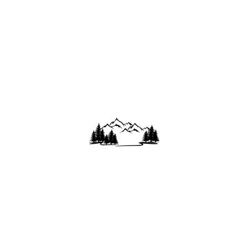 Black vector logo of mountains and pine tree.