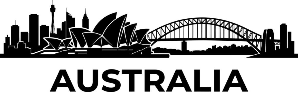 Black silhouette of the sydney city skyline featuring the opera house and harbour bridge with australia text