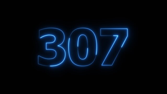 Glowing Blue Neon Number 307 on Black Background.