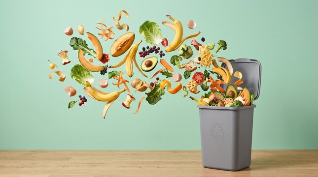 Various organic food scraps and vegetable peels floating into a grey recycling bin against a light green studio background setting