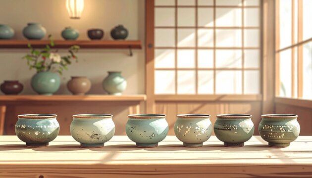 Traditional Japanese Ceramic Bowls on Wooden Shelf Display.