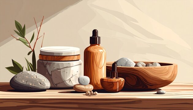 Natural skincare products on wooden surface with soft lighting.