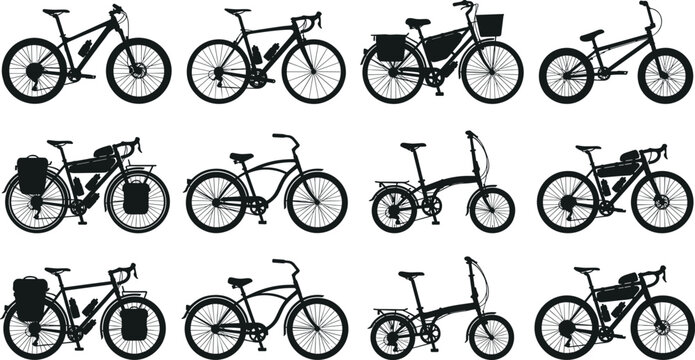Black bicycle silhouettes showing mountain, road, commuter, cruiser, folding, BMX, and touring bike designs for creative vector artwork collection