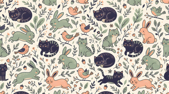 Seamless pattern with cute cats rabbits and birds in a hand drawn style