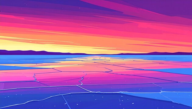 Vibrant Sunset Over Calm Water with Geometric Reflections.