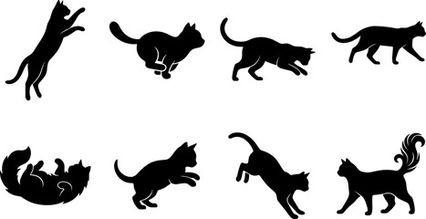 Fototapeta premium Black cat silhouettes in dynamic poses showing feline motion, agility, and playful animal behavior for creative vector design